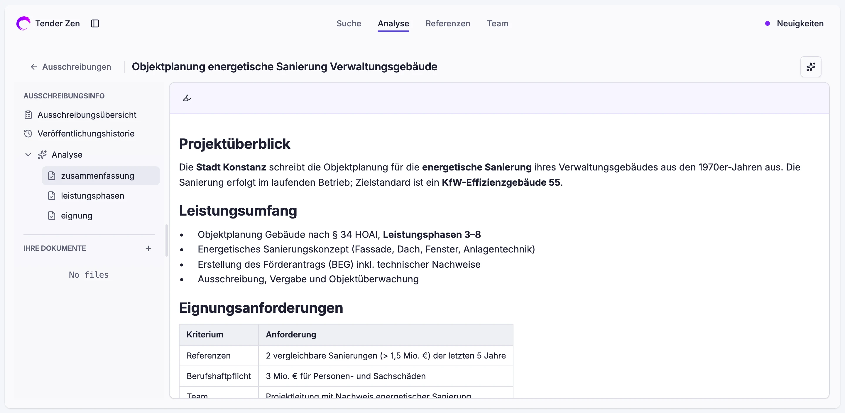 Analyse-Agent von Tender Zen mit der Ausschreibungsanalyse